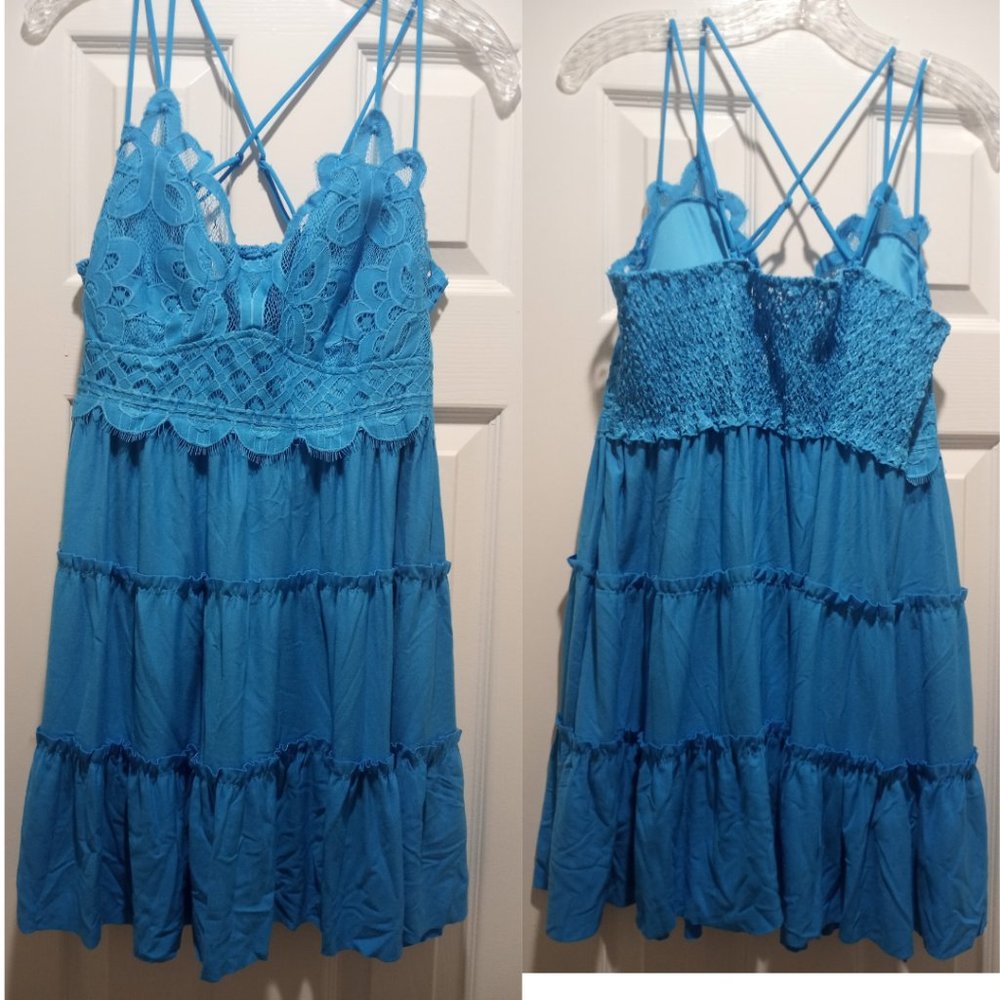 PLUS CROCHET LACE RUFFLE CAMI DRESS DEEP SKY BLUE 3X - Picture 4 of 11